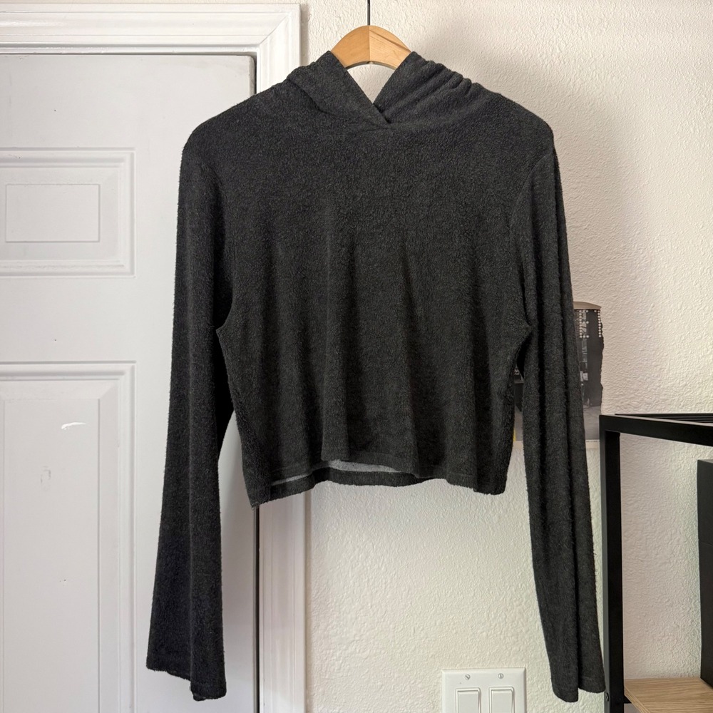 REFORMATION charcoal grey gray fuzzy cropped terry cloth hoodie‎ sweater